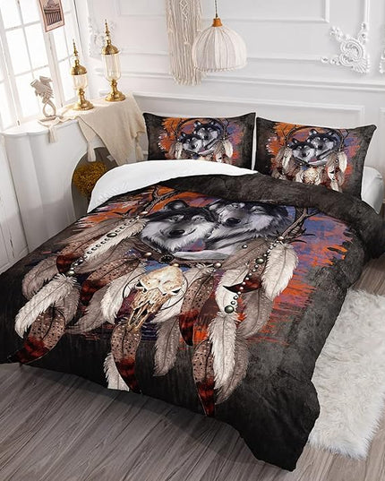 Wolf Dream Catcher Comforter Set for Kids Teens Girls Retro Modern Wildlife Animal Comforter Tie Dye Wolf Bedding Set for Kids Teens Room Decor - LeafyLoom