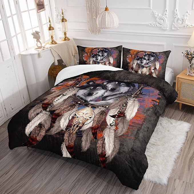 Wolf Dream Catcher Comforter Set for Kids Teens Girls Retro Modern Wildlife Animal Comforter Tie Dye Wolf Bedding Set for Kids Teens Room Decor - LeafyLoom