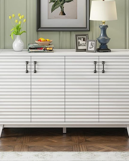 60" Sideboard with 4 Door Large,Retro Wooden Buffet Cabinet,W/Adjustable Shelves and Metal Handles,Console Table for Living Room Bedroom Kitchen,Antique White - LeafyLoom