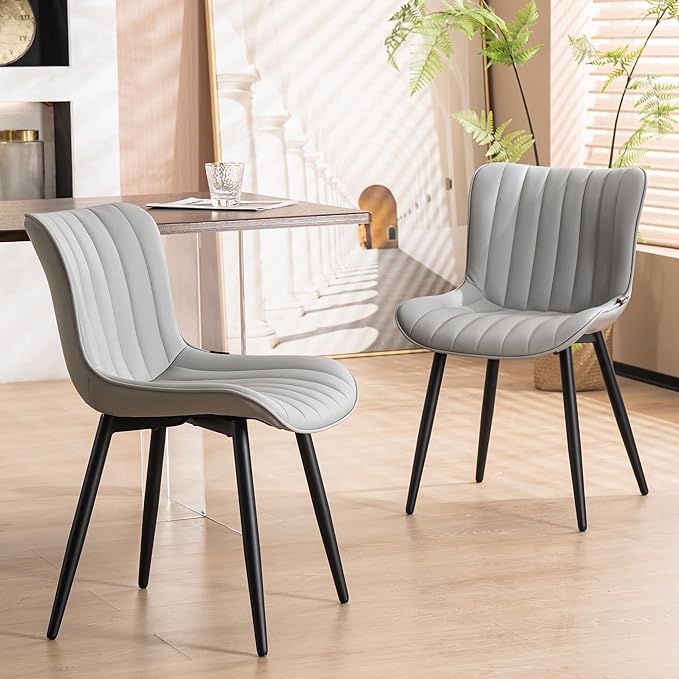 YOUNUOKE Grey Dining Chairs Set of 2 Upholstered Mid Century Modern Kitchen Chairs Armless Faux Leather Accent Guest Chair with Back Metal Legs for Guest Reception Waiting Living Room - LeafyLoom
