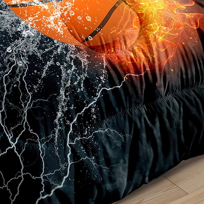 Basketball Comforter Set Twin, Sports Basketball Bedding for Boys Kids Teens Bedroom Orange Basketball Ice Fire Twin Size Comforter Set for Boys 2 Pieces(1 Comforter 1 Pillowcase) - LeafyLoom