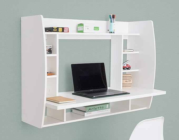 Wall Mount Laptop Office Desk with Shelves, White, - LeafyLoom