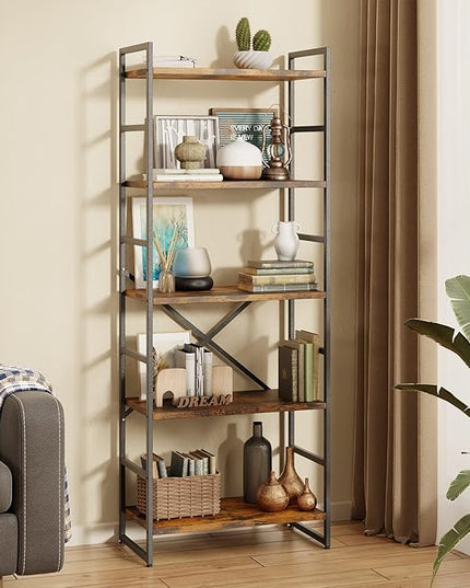 Shintenchi 5 Tiers Bookshelf, Classically Tall Bookcase Shelf, Industrial Book Rack, Modern Book Holder in Bedroom/Living Room/Home/Office, Storage Rack Shelves for Book, Brown - LeafyLoom