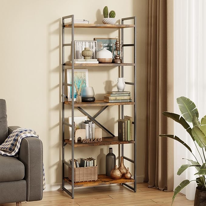 Shintenchi 5 Tiers Bookshelf, Classically Tall Bookcase Shelf, Industrial Book Rack, Modern Book Holder in Bedroom/Living Room/Home/Office, Storage Rack Shelves for Book, Brown - LeafyLoom