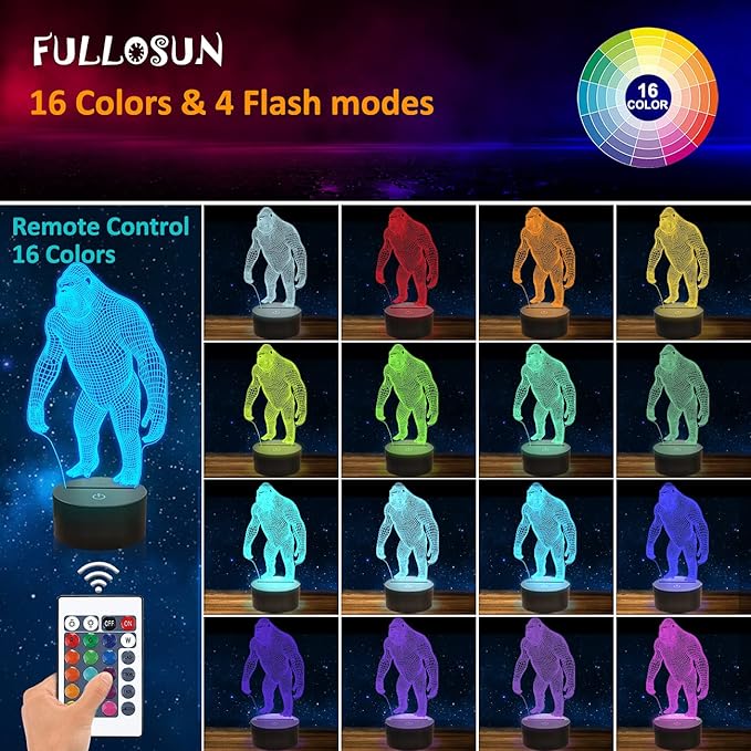 FULLOSUN 3D Night Light Ape Gorilla LED Nightlight Baby Nursery Monkey Lamp for Kids' Room Home Décor Xmas Birthday Gifts with 16 Color Changing - LeafyLoom