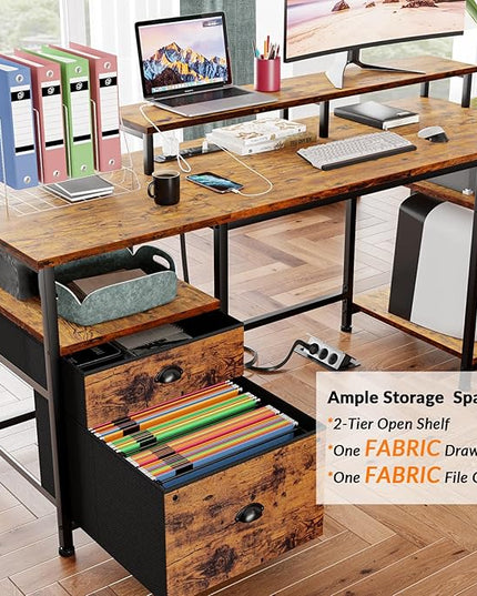 Furologee 61" Computer Desk with Power Outlet and USB Ports, Large Desk with Shelves and Drawer, Writing Study Desk with Fabric File Cabinet and Long Monitor Stand, Gaming Desk for Home Office - LeafyLoom