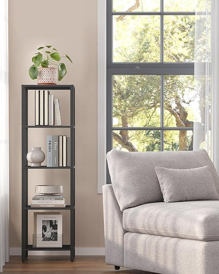 TUTOTAK Bookshelf, 5-Tier Tall Book Shelf, Narrow Bookcase for Small Space, DIY Stackable Bookshelf, for Living Room, Office, Study, Entryway, Industrial, Black BS01BK005 - LeafyLoom