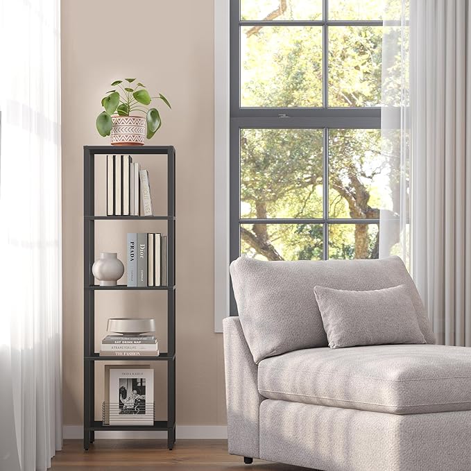 TUTOTAK Bookshelf, 5-Tier Tall Book Shelf, Narrow Bookcase for Small Space, DIY Stackable Bookshelf, for Living Room, Office, Study, Entryway, Industrial, Black BS01BK005 - LeafyLoom