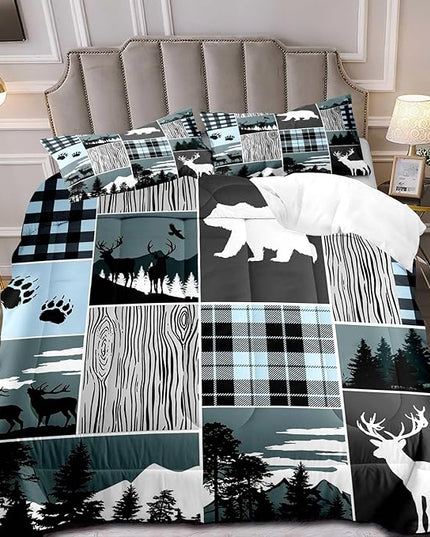 LUVIVIHOME 3PCS Bear Deer Comforter Set Queen Size, Elk Moose Woodland Forest Animal Wildlife Hunting Country Lodge Rustic Farmhouse Cabin Bedding, Black & Blue Plaid Patchwork Quilt, 2 Pillow Cases - LeafyLoom