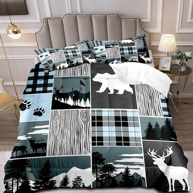 LUVIVIHOME 3PCS Bear Deer Comforter Set Queen Size, Elk Moose Woodland Forest Animal Wildlife Hunting Country Lodge Rustic Farmhouse Cabin Bedding, Black & Blue Plaid Patchwork Quilt, 2 Pillow Cases - LeafyLoom