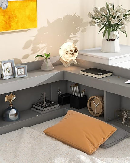 Twin Size Platform 2 Storage Drawers and L-Shaped Bookcases, Wooden Captain Bed Daybed Frame with Headboard for Bedroom, Living Room, Gray - LeafyLoom