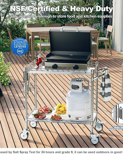 2 Tier Outdoor Grill Table, Heavy Duty 900LBS Grill Cart on Wheels, NSF Certified Grill Stand with Handle for Blackstone Griddle, Ninja Grill, Pizza Oven Table for Outside BBQ, Chrome - LeafyLoom