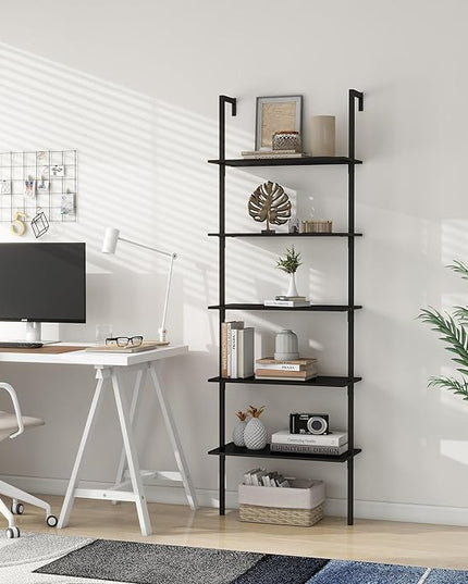 Panana Industrial 5 Tier Ladder Shelf, Open Space Book Shelf Wall Mount Bookshelf with Metal Frame Sturdy Bookcase for Living Room (Black, 5 Tier) - LeafyLoom