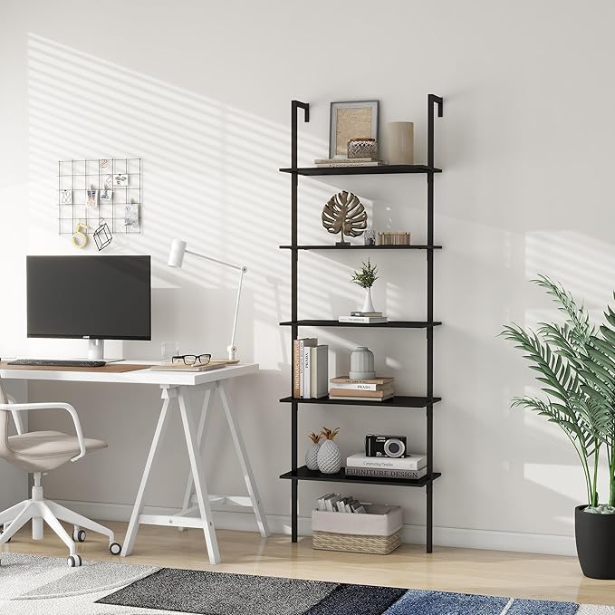 Panana Industrial 5 Tier Ladder Shelf, Open Space Book Shelf Wall Mount Bookshelf with Metal Frame Sturdy Bookcase for Living Room (Black, 5 Tier) - LeafyLoom