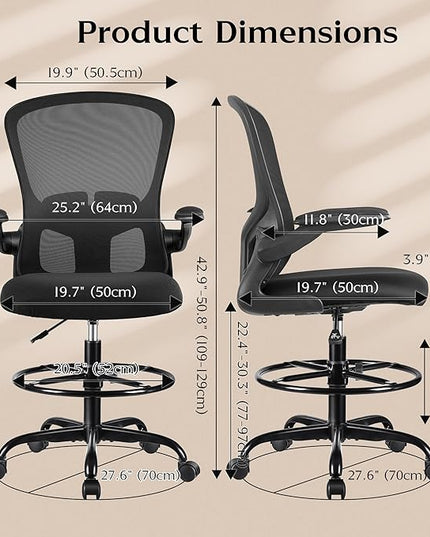 FelixKing Drafting Chair, Tall Office Chairs with Footrest Ring, Home Standing Desk High Chair with Lumbar Support Adjustable Counter Height Ergonomic Swviel Rolling Chairs for Working (Black) - LeafyLoom
