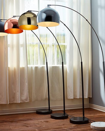 Teamson Home Arquer 66.93" Arc Floor Lamp for Living Rooms, Home Offices, Dining Rooms, Bedrooms with Faux Black Marble Base and Rose Gold Bell Shade - LeafyLoom