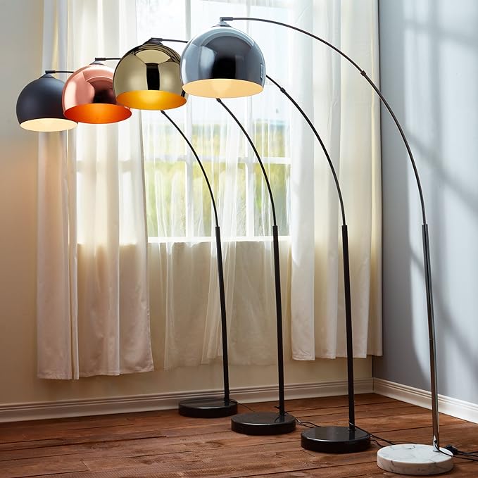 Teamson Home Arquer 68.1" Arc Floor Lamp for Living Rooms, Home Offices, Dining Rooms, Bedrooms with Faux White Marble Base and Chrome Bell Shade - LeafyLoom