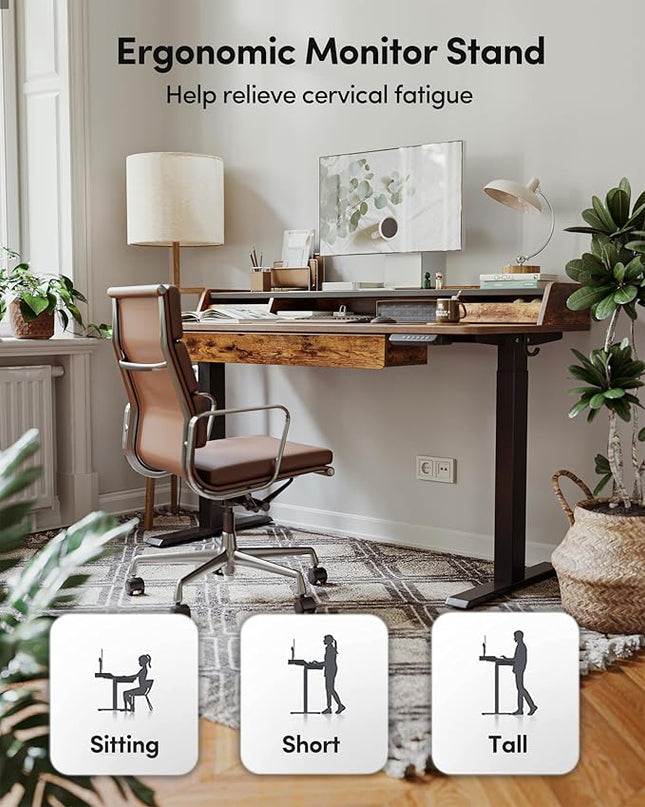 BANTI 48 x 24 Inch Electric Standing Desk with 3 Drawers, Adjustable Height Stand Up Desk, Sit Stand Home Office Desk with Storage Shelf, Rustic Brown Top - LeafyLoom