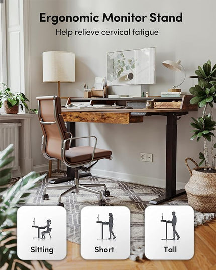 BANTI Height Adjustable Electric Standing Desk with Three Drawers, 48 x 25 Inch Table with Storage Shelf, Sit Stand Desk with Storage Space, Splice Board with Black Frame/Rustic Brown Top - LeafyLoom