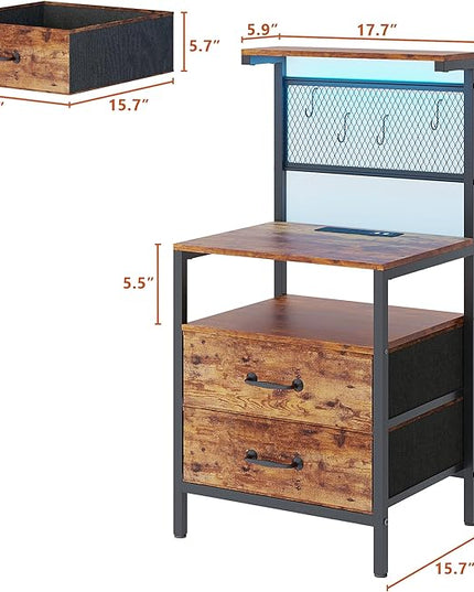 Tall Nightstand with Charging Station and LED Lights, Night Stand with Fabric Drawers, Bedside Table 36.4 Inch with Storage Shelves, Side Table, Mesh Shelves with Metal Hooks, Rustic Brown - LeafyLoom