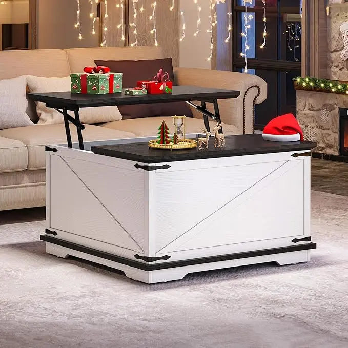 YITAHOME Farmhouse Lift Top Coffee Table, Square Wood Center Table with Large Hidden Storage Compartment for Living Room, Rustic Cocktail Table with Lift Top for Home Office,White - LeafyLoom