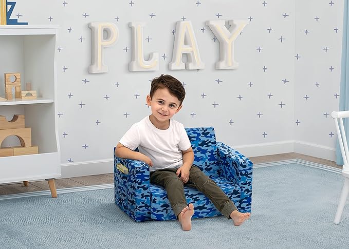 Delta Children Cozee Blue Camo Convertible Foam Chair to Lounger for Kids - LeafyLoom