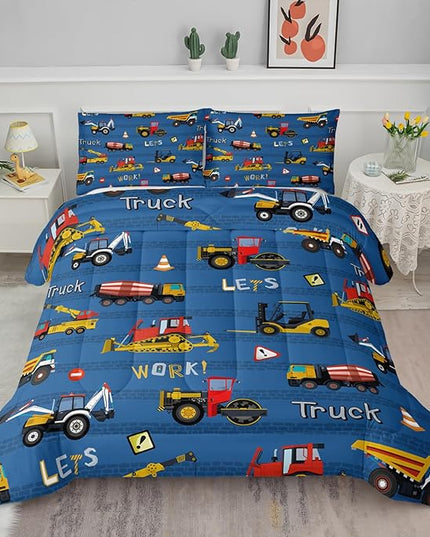 Axolotl Tractor Truck Bedding Set Queen,Excavator Comforter Set,Vehicles Truck Comforter,Boys Bedding Machinery Truck Comforter Construction Site Decor for Kids Boys Teens,1 Quilt 2 Pillowcases,Blue - LeafyLoom