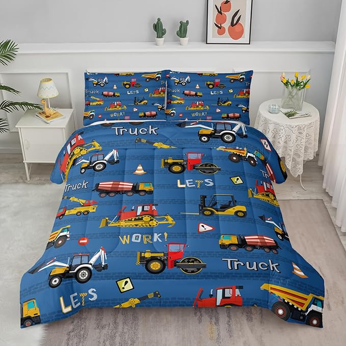 Axolotl Tractor Truck Bedding Set Queen,Excavator Comforter Set,Vehicles Truck Comforter,Boys Bedding Machinery Truck Comforter Construction Site Decor for Kids Boys Teens,1 Quilt 2 Pillowcases,Blue - LeafyLoom