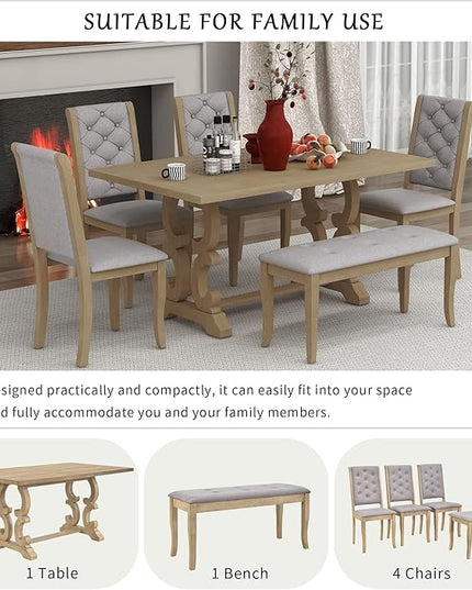 Solid Wood, Kitchen Dining, 6-Piece Retro Dinette Set with Unique-Designed Table Legs and Foam-Covered Seat Backs & Cushions for Living Room, Gray Wash - LeafyLoom