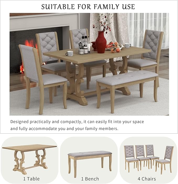 Solid Wood, Kitchen Dining, 6-Piece Retro Dinette Set with Unique-Designed Table Legs and Foam-Covered Seat Backs & Cushions for Living Room, Gray Wash - LeafyLoom