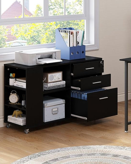 YITAHOME File Cabinet, Mobile Lateral Filing Cabinet with Lock for Home Office, Printer Stand with Open Storage Shelf, Fits A4, Letter, Legal Size Files, Office Furniture, Black - LeafyLoom