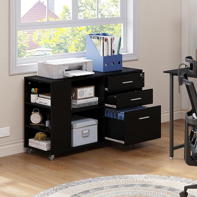 YITAHOME File Cabinet, Mobile Lateral Filing Cabinet with Lock for Home Office, Printer Stand with Open Storage Shelf, Fits A4, Letter, Legal Size Files, Office Furniture, Black - LeafyLoom
