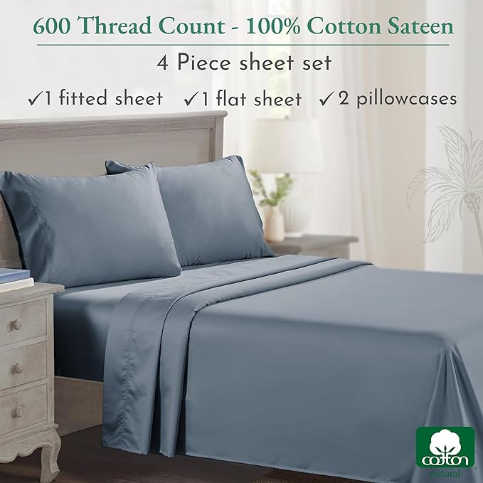 California Design Den California King Sheet Set - 100% Cotton, 600 Thread Count Deep Pocket Cal King Sheet Set, Luxury Soft Hotel-Quality Sheets with Sateen Weave - Pastel Blue - LeafyLoom