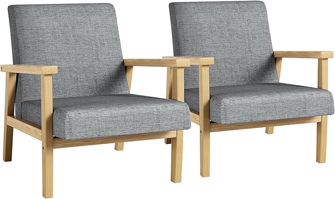 YESHOMY Mid-Century Modern Accent Chair with Solid Wood Frame and Thick Cushion for Living Room, Bedroom, Home Office, Set of 2, Gray - LeafyLoom