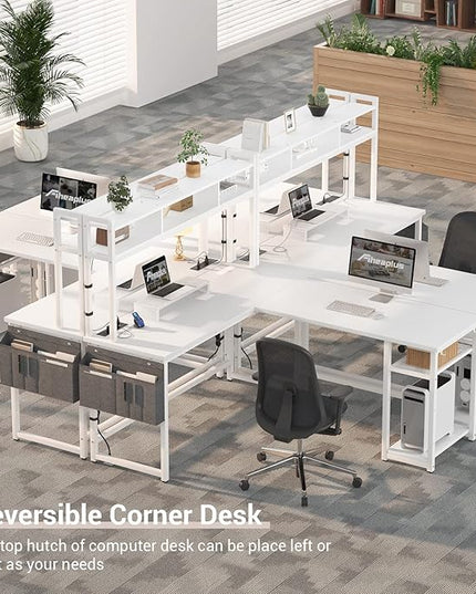 Aheaplus L Shaped Desk with Power Outlet & LED Strip, Reversible L-Shaped Corner Computer Desks Gaming Desk with Storage Shelf & Monitor Stand, Modern 2 Person Home Office Desk, Writing Desk, White - LeafyLoom
