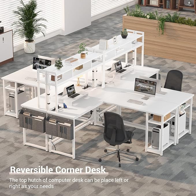 Aheaplus L Shaped Desk with Power Outlet & LED Strip, Reversible L-Shaped Corner Computer Desks Gaming Desk with Storage Shelf & Monitor Stand, Modern 2 Person Home Office Desk, Writing Desk, White - LeafyLoom