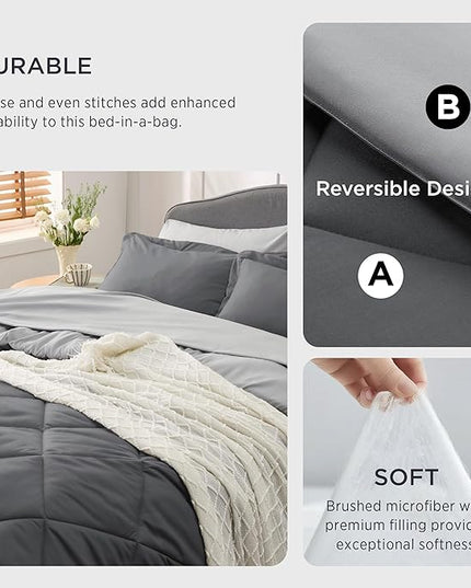 Bedsure Dark Grey California King Size Comforter Set - 7 Pieces Reversible California King Bed in a Bag, California King Dark Grey Bed Set with Comforters, Sheets, Pillowcases & Shams - LeafyLoom