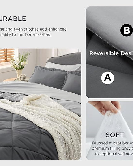 Bedsure Dark Grey Full Size Comforter Set - 7 Pieces Reversible Full Bed in a Bag, Full Bed Set Dark Grey with Comforters, Sheets, Pillowcases & Shams - LeafyLoom