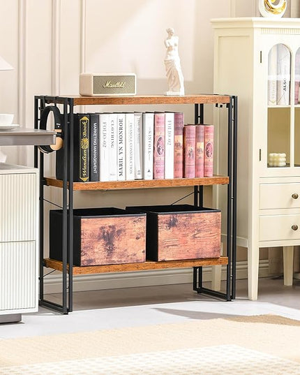 HCHQHS Bookshelf, 3-Tier Industrial Bookcase, Rustic Open Book Shelf, Freestanding Horizontal Bookshelves with Metal Frame - LeafyLoom