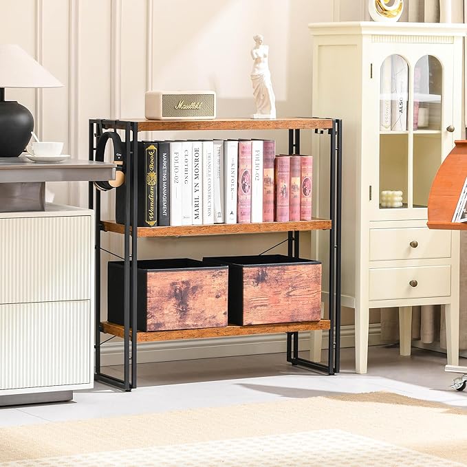 HCHQHS Bookshelf, 3-Tier Industrial Bookcase, Rustic Open Book Shelf, Freestanding Horizontal Bookshelves with Metal Frame - LeafyLoom