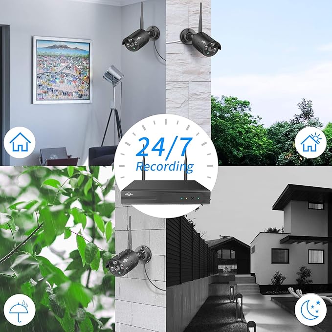 Hiseeu Black Wireless Security Camera System, 10CH 4K NVR 8Pcs Outdoor/Indoor WiFi Surveillance Camera 5MP with Night Vision, Waterproof, Motion, 1-Way Audio, Remote Access, 3TB HDD, DC12V Power Cord Hiseeu