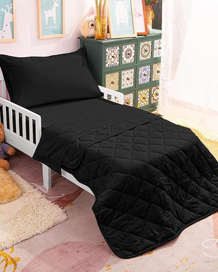 NTBAY Toddler Bedding Set - 4 Piece Soft and Breathable Crib Bedding Set for Boys and Girls, Includes Quilted Comforter, Fitted Sheet, Flat Top Sheet and Envelope Pillowcase, Black - LeafyLoom