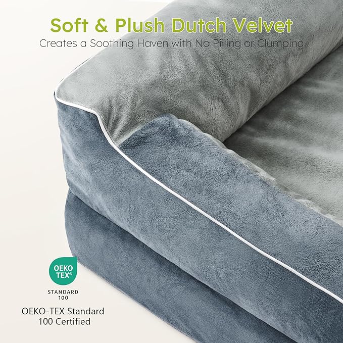 Extra Large Dog Bed, Orthopedic Dog Bed with Cooling Gel Memory Foam, Waterproof XL Dog Bed with Removable Washable Cover, 42" Dog Sofa Couch Dutch Velvet with Bone Toy, Dark Gray LeafyLoom
