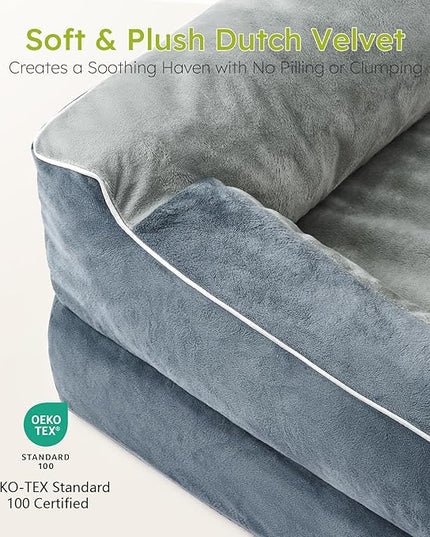 Large Dog Bed, Orthopedic with Cooling Gel Memory Foam, Waterproof with Removable Washable Cover, 36" Dog Sofa Couch Dutch Velvet with Bone Toy, Dark Gray LeafyLoom