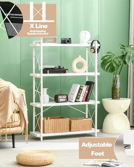 HCHQHS Bookshelf, 4-Tier Industrial Bookcase, White Open Book Shelf, Freestanding Tall Bookshelves with Metal Frame - LeafyLoom