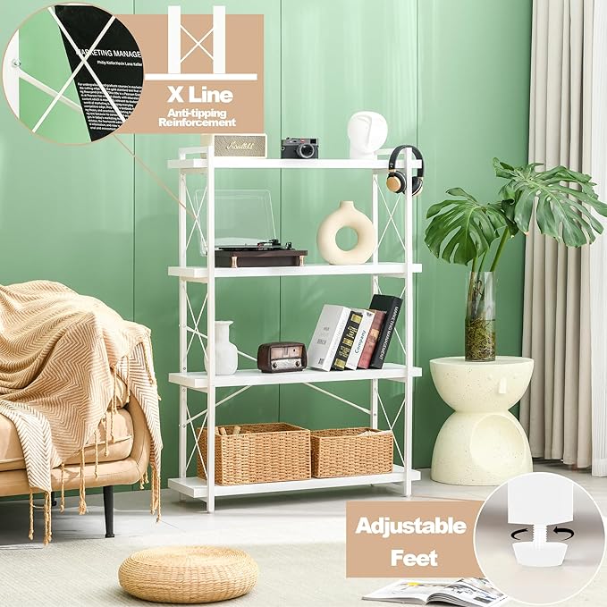 HCHQHS Bookshelf, 4-Tier Industrial Bookcase, White Open Book Shelf, Freestanding Tall Bookshelves with Metal Frame - LeafyLoom