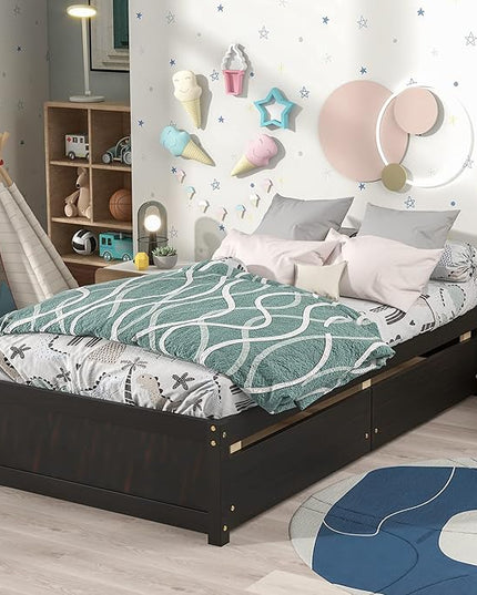 Twin Bed with 2 Storage Drawers, Solid Pinewood Twin Size Bed Frame,for Boys/Girls/Teens Bedroom, Easy to Assemble, No Box Spring Needed,Espresso - LeafyLoom