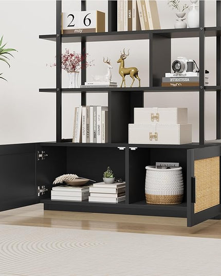 GAOMON 5 Tier Rattan Bookshelf with Storage Cabinet & Door, 71.1 Inch Tall Industrial Book Shelf with Open Display Shelves, 5 Shelf Bookcase with Metal Frame for Living Room, Bedroom -Black - LeafyLoom