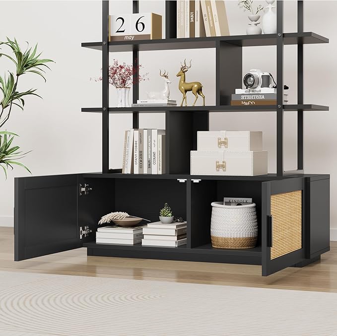 GAOMON 5 Tier Rattan Bookshelf with Storage Cabinet & Door, 71.1 Inch Tall Industrial Book Shelf with Open Display Shelves, 5 Shelf Bookcase with Metal Frame for Living Room, Bedroom -Black - LeafyLoom