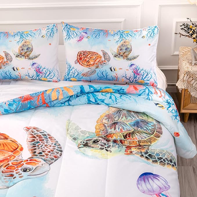 CVHOUSE Sea Turtle Comforter Set,Ocean Watercolor Sea Turtle Bedding Set for Kids Teens,Ocean Sea Turtle Comforter Sea Turtle Duvet Set Room Decor Quilt Set Queen Size - LeafyLoom